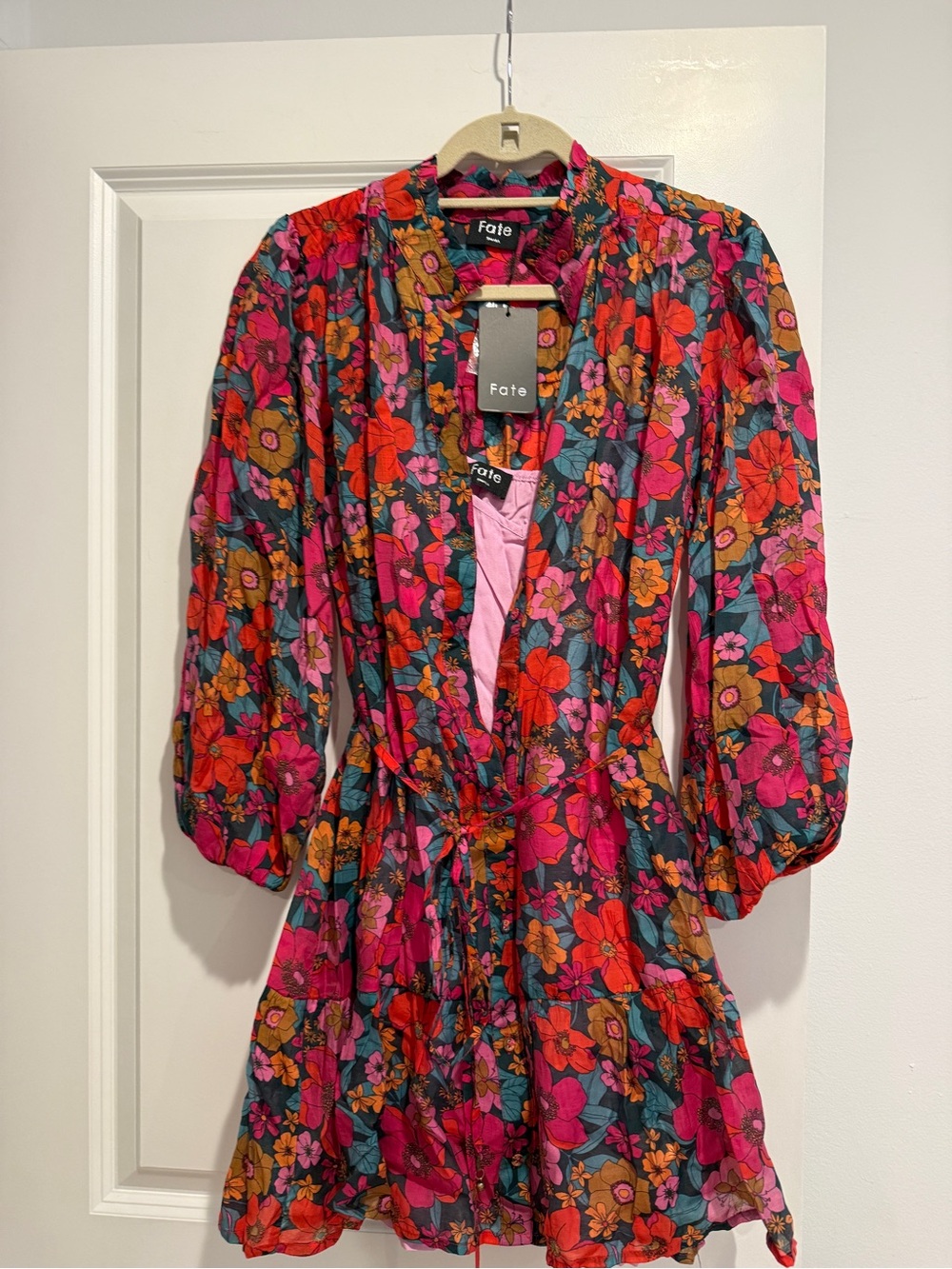 Fate Floral V-Neck Mini Dress in Pink & Red